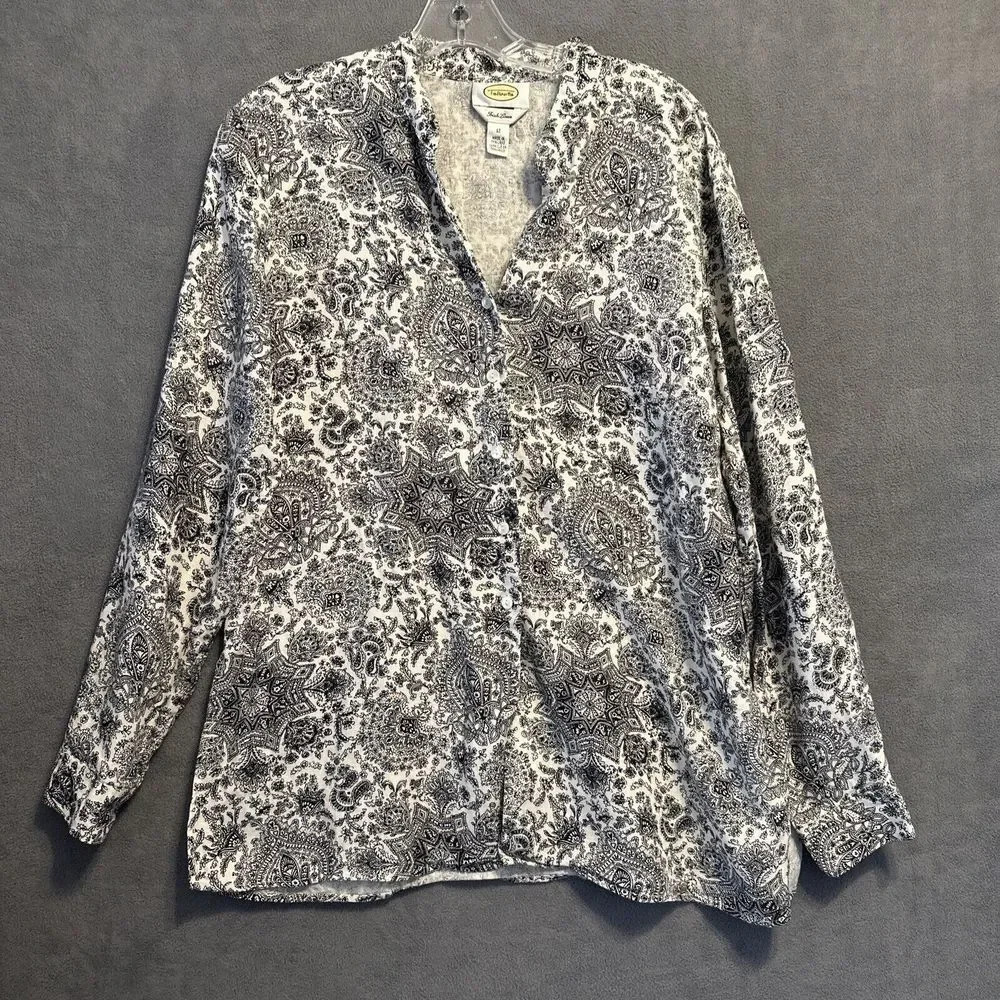 Talbots 100% Irish Linen Black & White Paisley Tunic Button Front V Neck Size 12